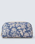 blue cosmetic pouch with white flower pattern