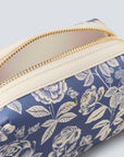 blue cosmetic pouch with white flower pattern