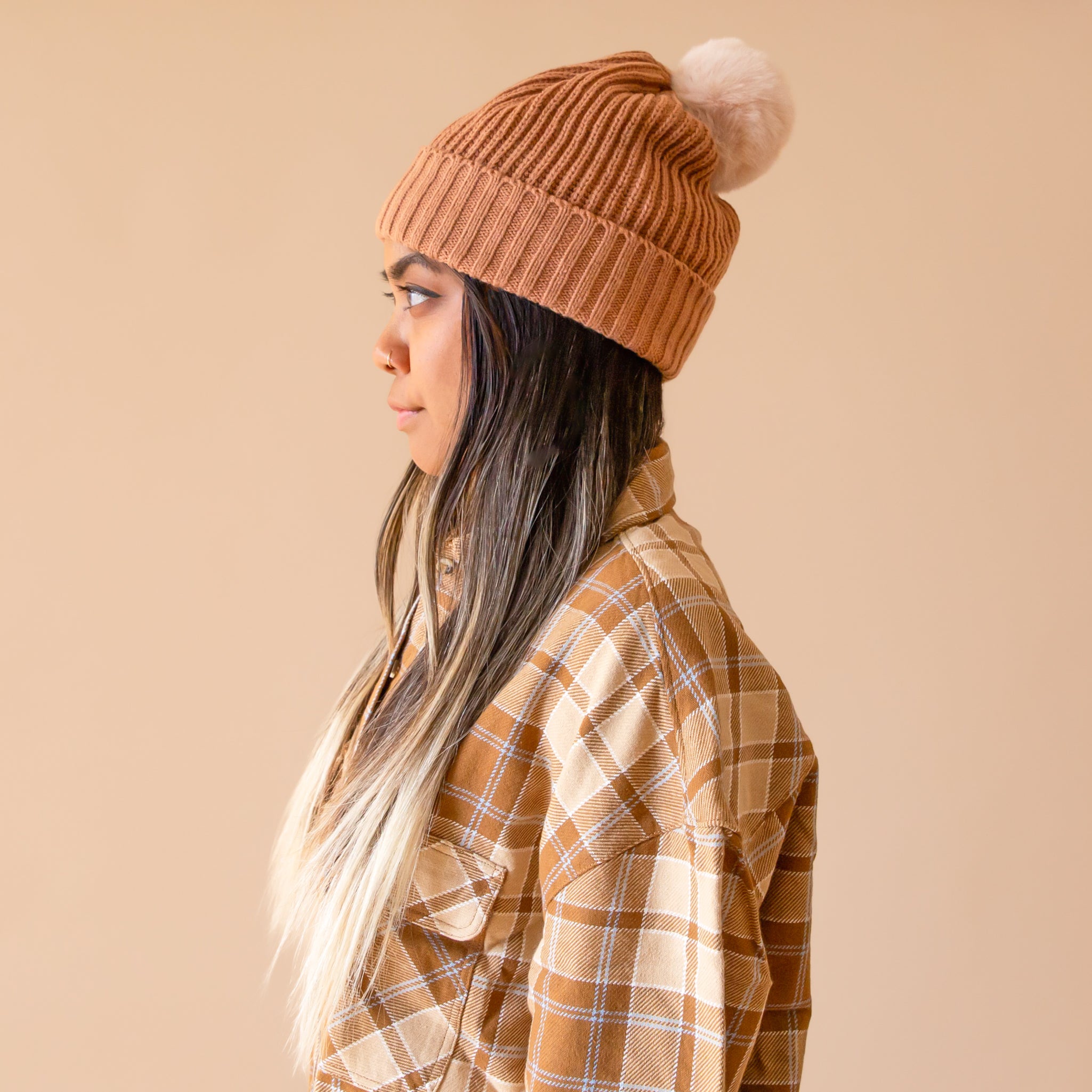 New - Cozy Knit Winter Pom Beanie Pecan Pop Pom Pom Beanie Hat - Huggalugs main image 2