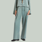 A pair a silky bluish green pair of pants.