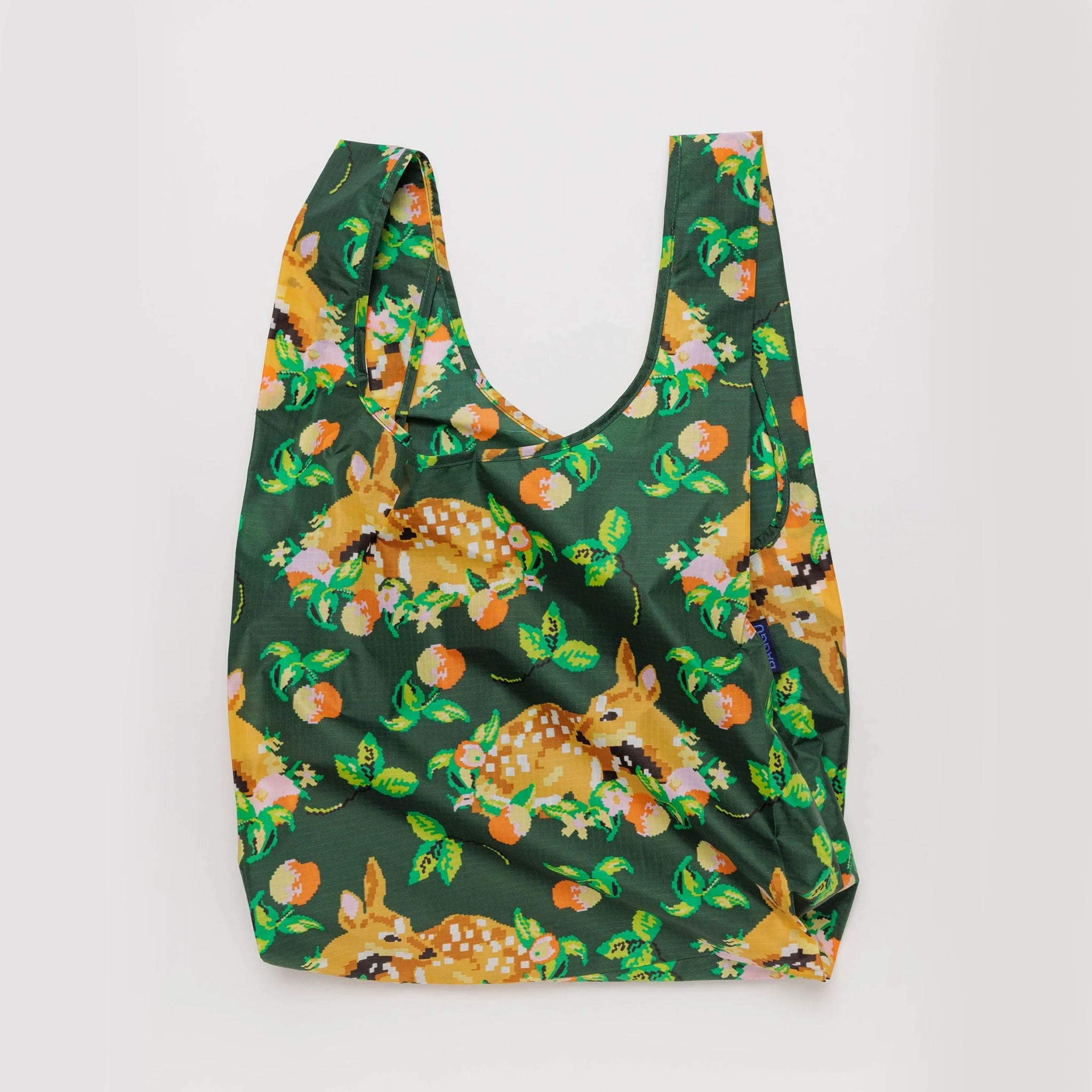 On a white background is a green nylon bag with a deer pattern. 