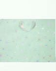 A mint colored gift bags with silver holographic star patterns and silver ribbon handles.