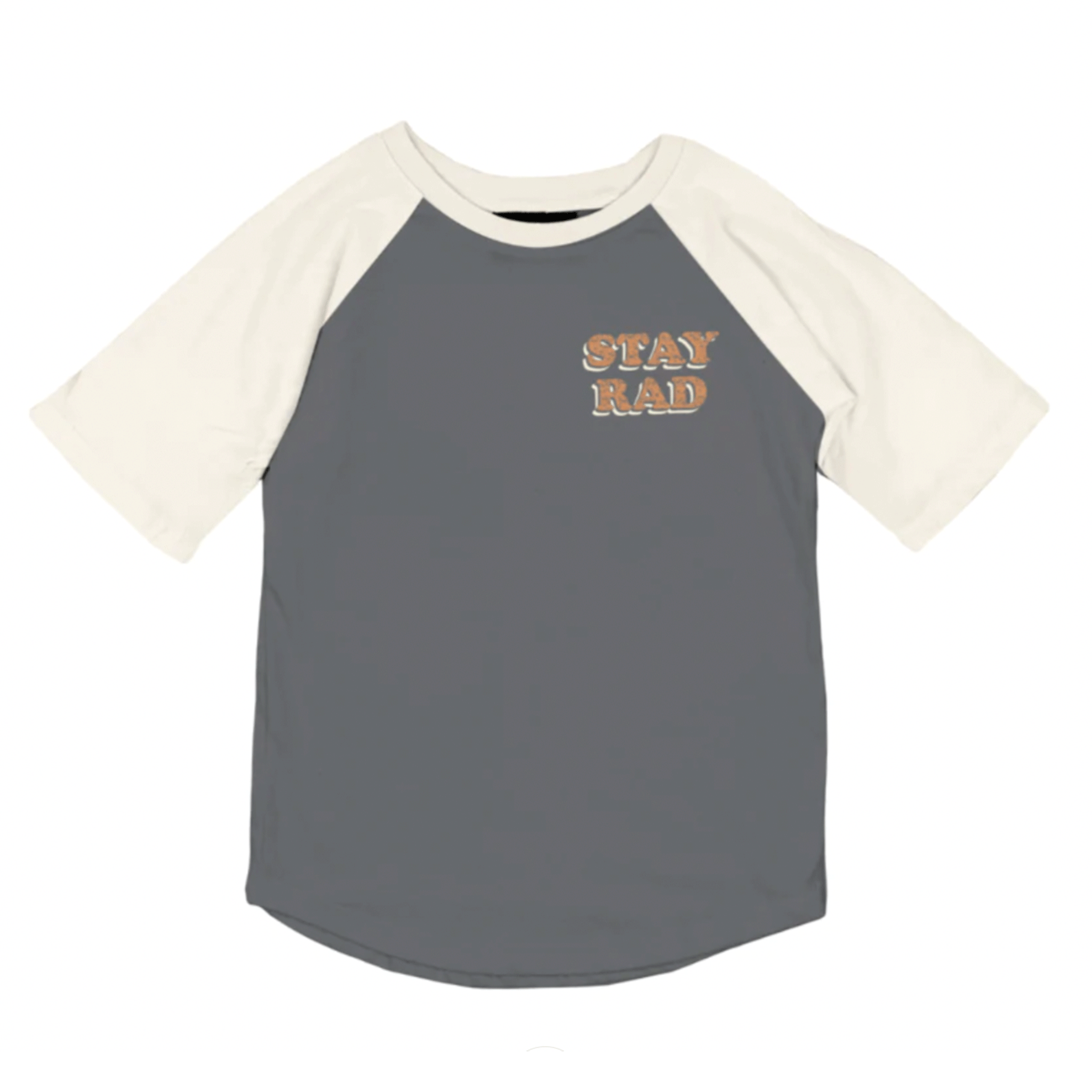 On a white background is a vintage faded black t-shirt for children with ivory short sleeves and orange text on the front corner that reads, "Stay Rad". 