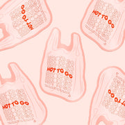 A pink and red bag shaped sticker that reads, 'Hot To Go' repeated.