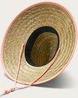 A straw hat with coral details and string neck strap with an adjustable bead.