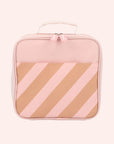 A pink and peachy colored striped lunch box with a double zipper and handle for carrying.