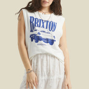 A white muscle tee tank top with blue text that reads, "Brixton" and a Porsche graphic.