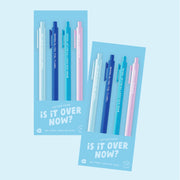 A set of four pens in blue and pink shades with song lyrics from Taylor Swifts 1989 album.
