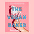On a pink background is a pink book with a photo of a hand holding a whisk with frosting o it along with blue text in the center that reads, "The Vegan Baker". 