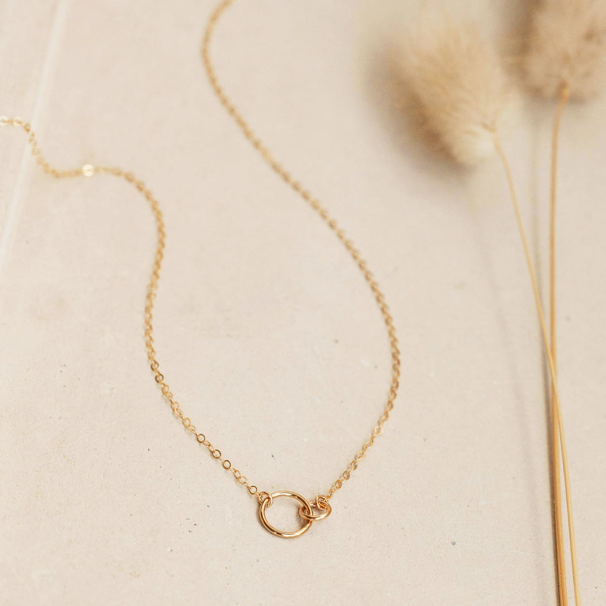 A dainty gold chain necklace with two different sized circle links connecting in the center. 