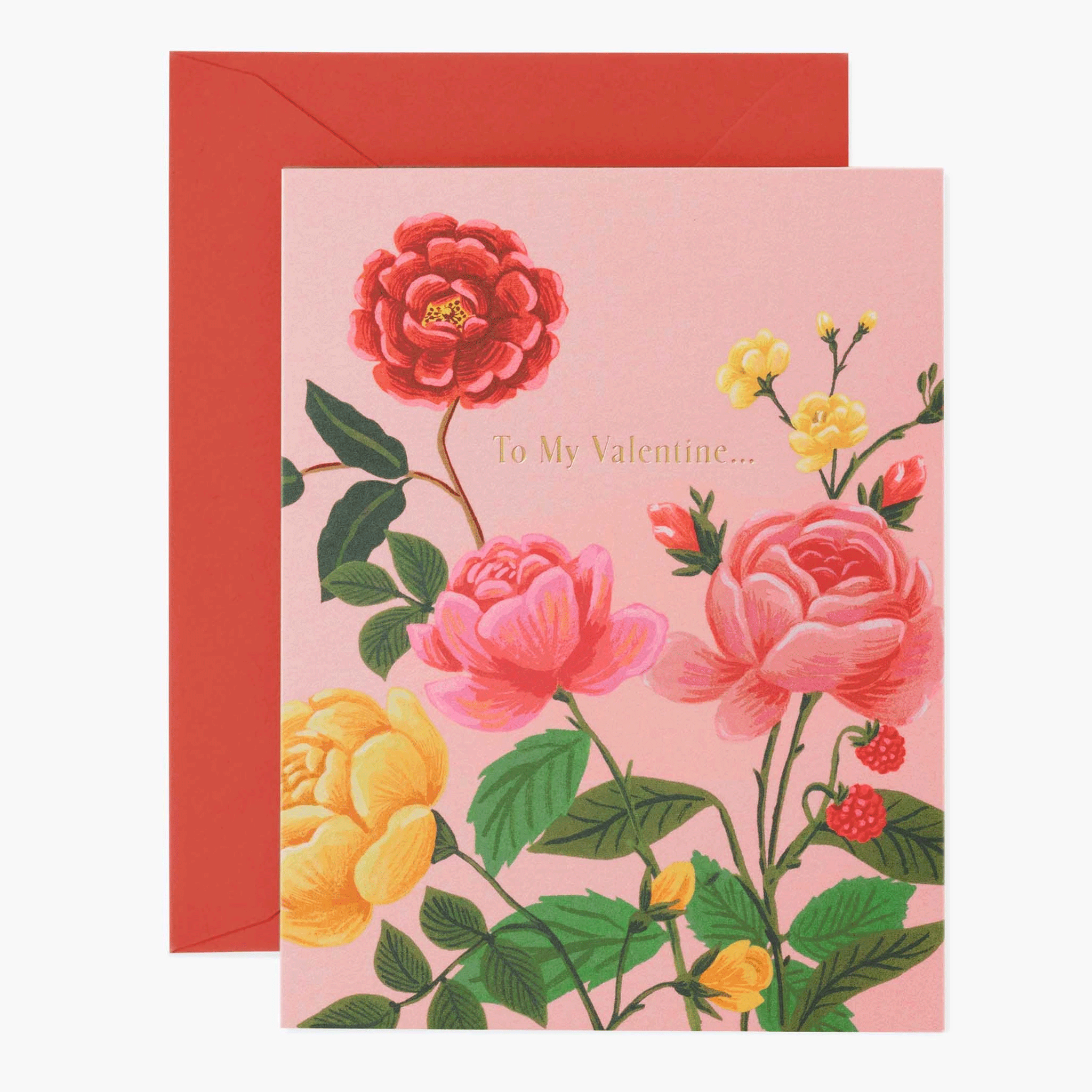 On a white background is a pink card with a floral print and text that reads, "To My Valentine..." as well as a coordinating red envelope. 
