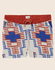 A red and blue geometric print terry cloth shorts.