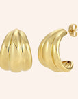 A pair of curved earrings with three pleats on the curve with a straight back post.
