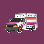 A multi colored uhaul sticker with text that reads, 'Lez Go!'.