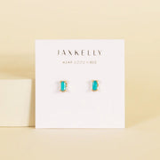 A pair of baguette shaped turquoise stone earrings.