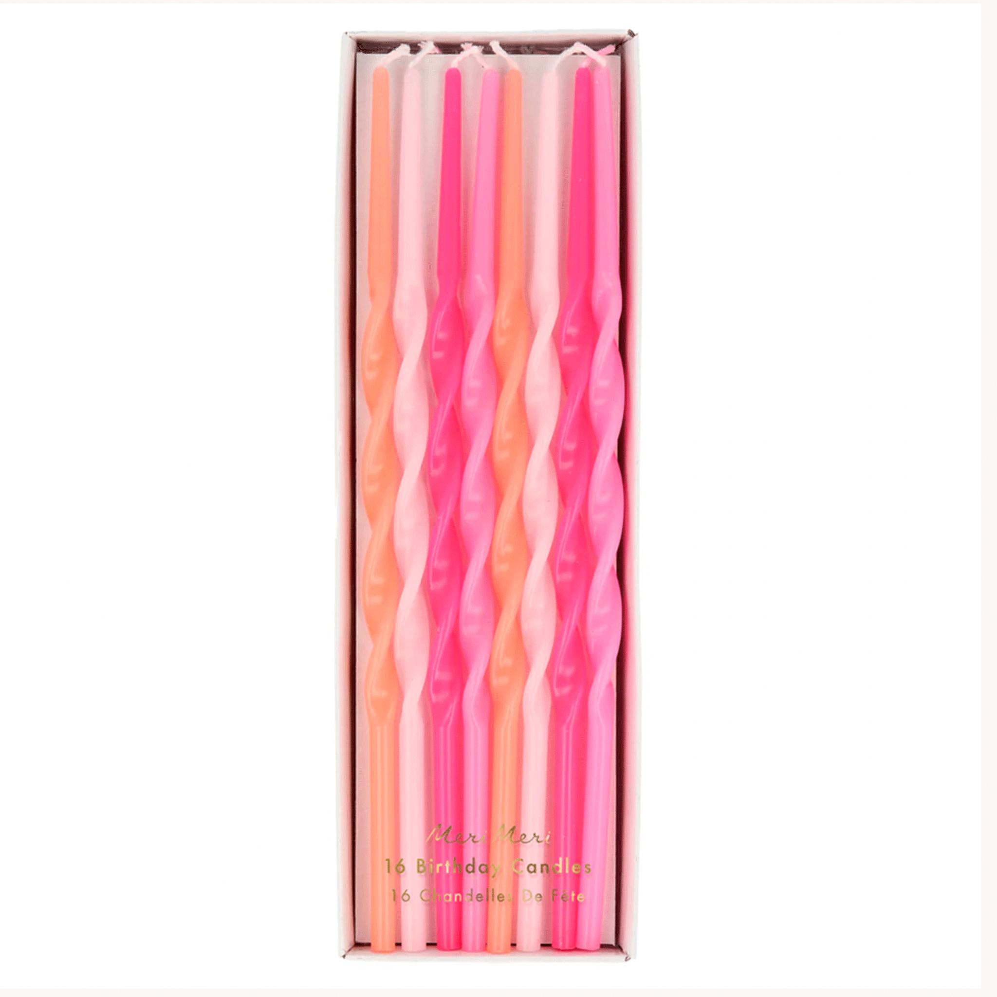 On a white background is a pack of long pink twisted candles in a variety of pink shades. 