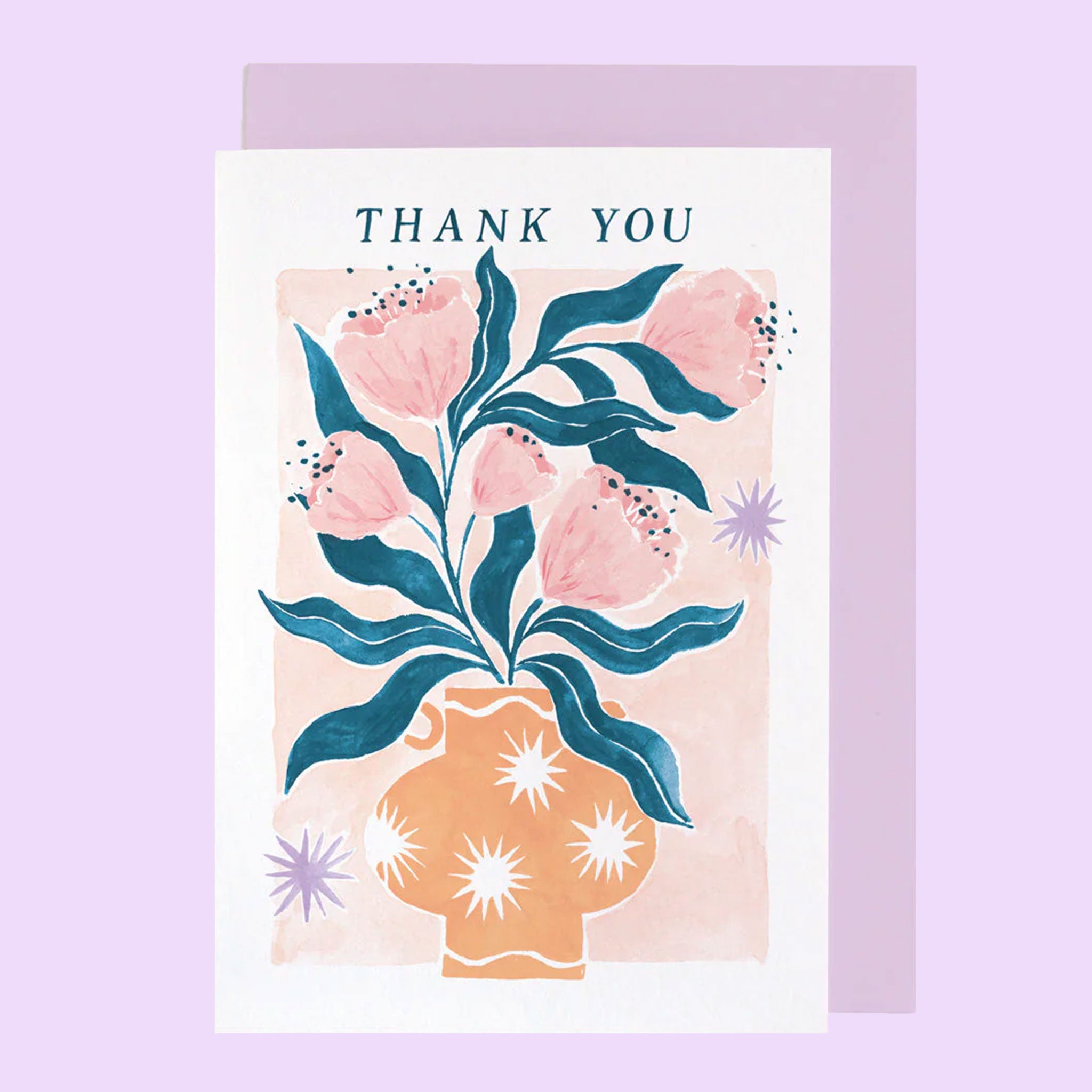 On a neutral background is a card with an illustration of a vase and flowers and text above that reads, "Thank You".