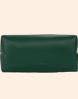 An emerald green vegan leather cosmetic case with a zipper closure.