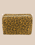 A brown leopard print canvas cosmetic pouch.