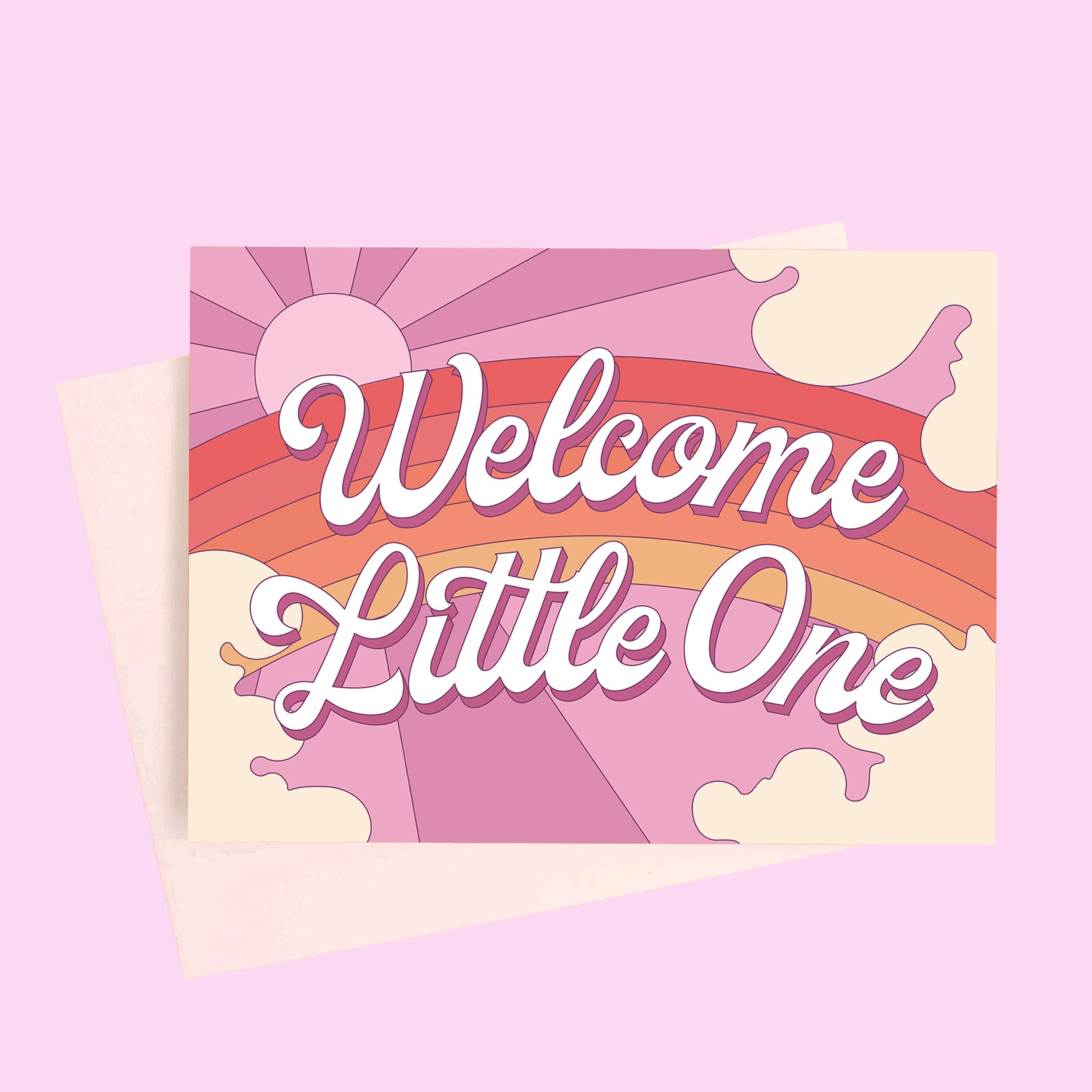 On a light purple background is a greeting card featuring a rainbow and sun graphic and white text in the center that reads, "Welcome Little One".