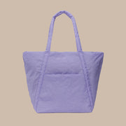 A purple nylon tote bag.
