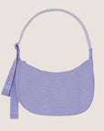 A periwinkle nylon shoulder / crossbody handbag with an adjustable strap.