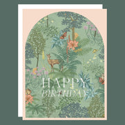 A woodland themed card with illustrations of critters and white text that reads, 'Happy Birthday'.