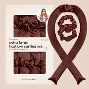 A chocolate brown satin curling set and the packaging it comes in.