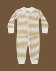 A long sleeve tan and white striped sleeper onesie.