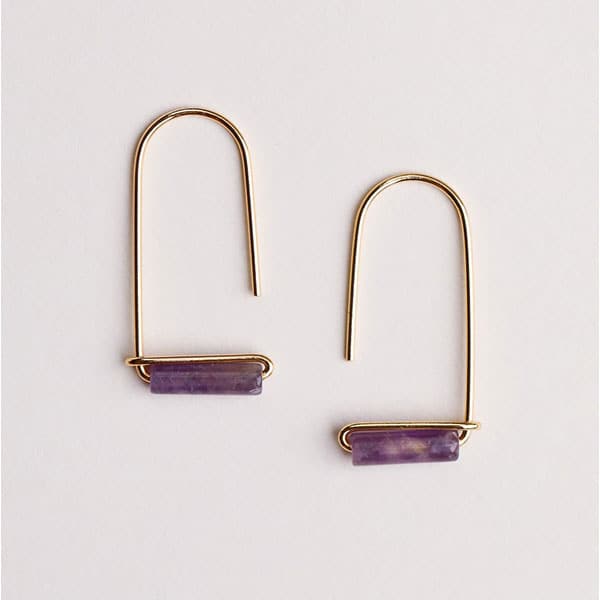 Bent gold wire drop earrings with amethyst gemstone bar.