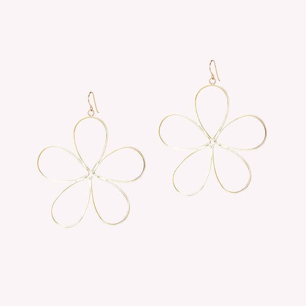 Large bent gold wire petals earrings with a hook backing.