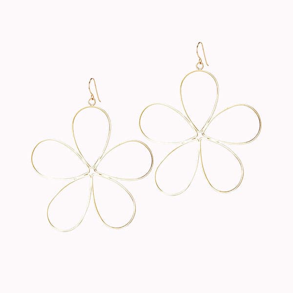 Large drop gold flower earrings in the shape of bent wire petals.
