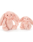 Two, one large and small, soft stuffed animals in the shape of pink blush colored rabbits with long floppy ears, arms and legs.