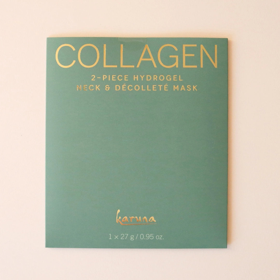 On a light peach background is a dark green package that holds the face mask inside. There is gold text on the front that reads, &quot;Collagen 2-Piece Hydrogel Neck &amp; Decollete Mask&quot;.