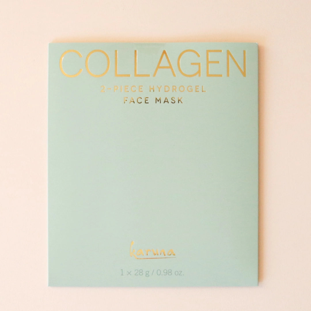 On a light peach background is a green package that holds a hydrogel facial mask with gold text on the front that reads, &quot;Collagen 2 Piece Hydrogel Face Mask&quot;. 