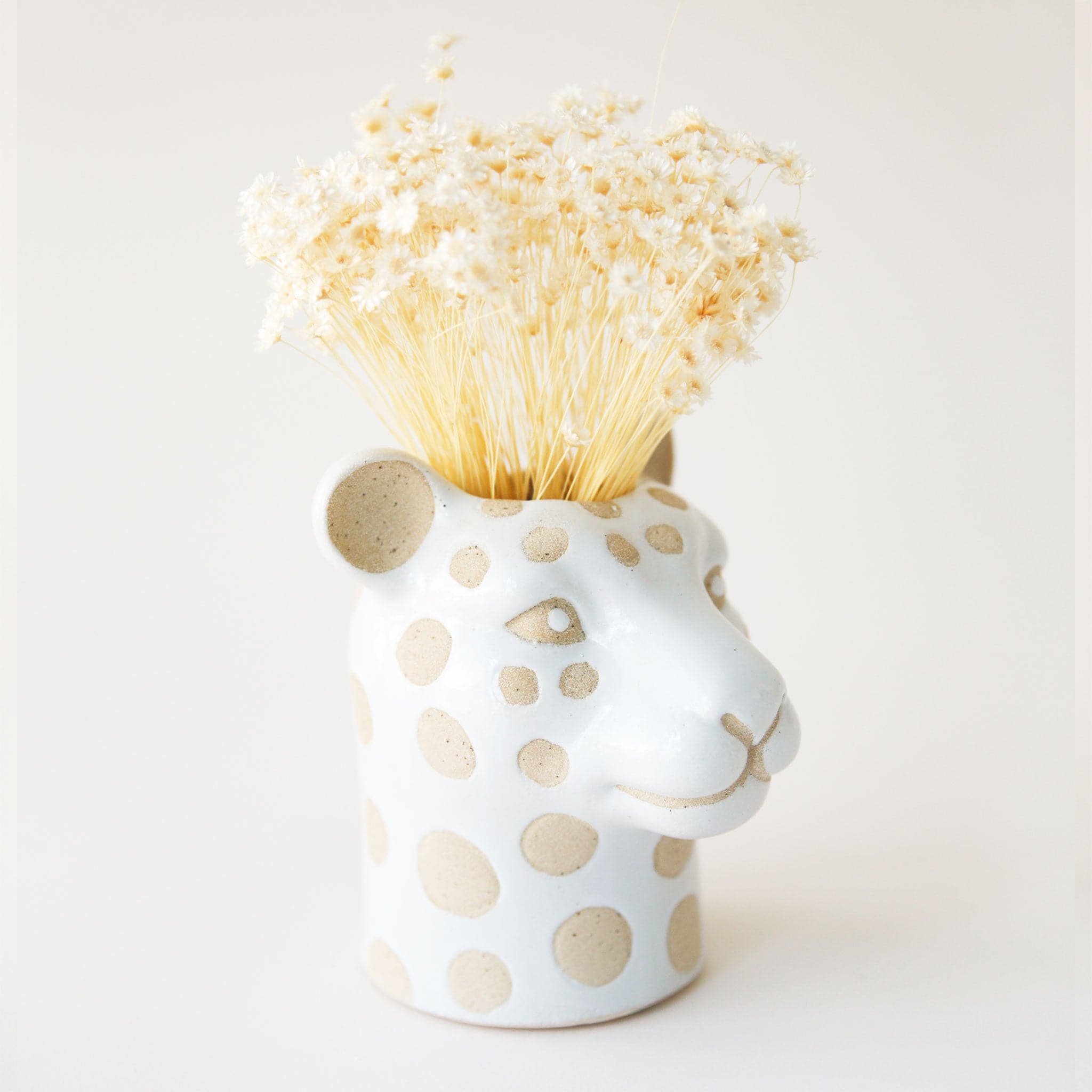 On a cream background is a leopard shaped ceramic planter with tan spots and  dried florals inside. 