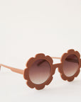 Brown flower shaped sunglasses with light brown circle lenses in the center.