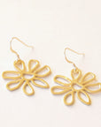 Gold hook earrings with a gold outline flower design.