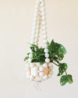 A plant hanger made of large round wooden beads forming a basket shape and coming together at the top to hang. There is a green leafy Swiss cheese plant inside the plant hanger that is not included with purchase.