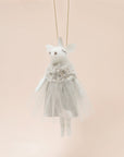 A white felt unicorn ornament with a grey tulle dress.