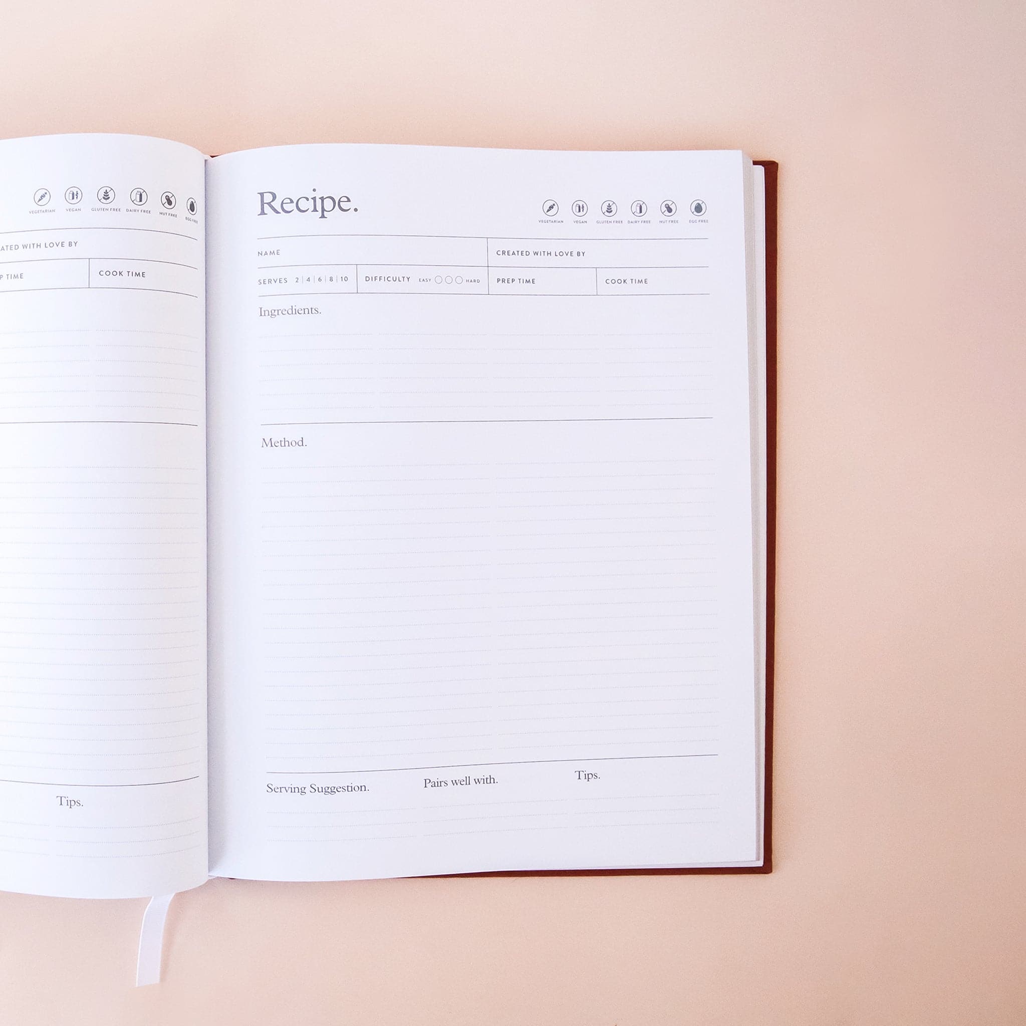 A look inside the recipe book featuring handy cooking guide charts for temperatures, volumes, weights and cup measures. Space for dietary requirements, serving size, difficulty as well as serving and pairing suggestions.