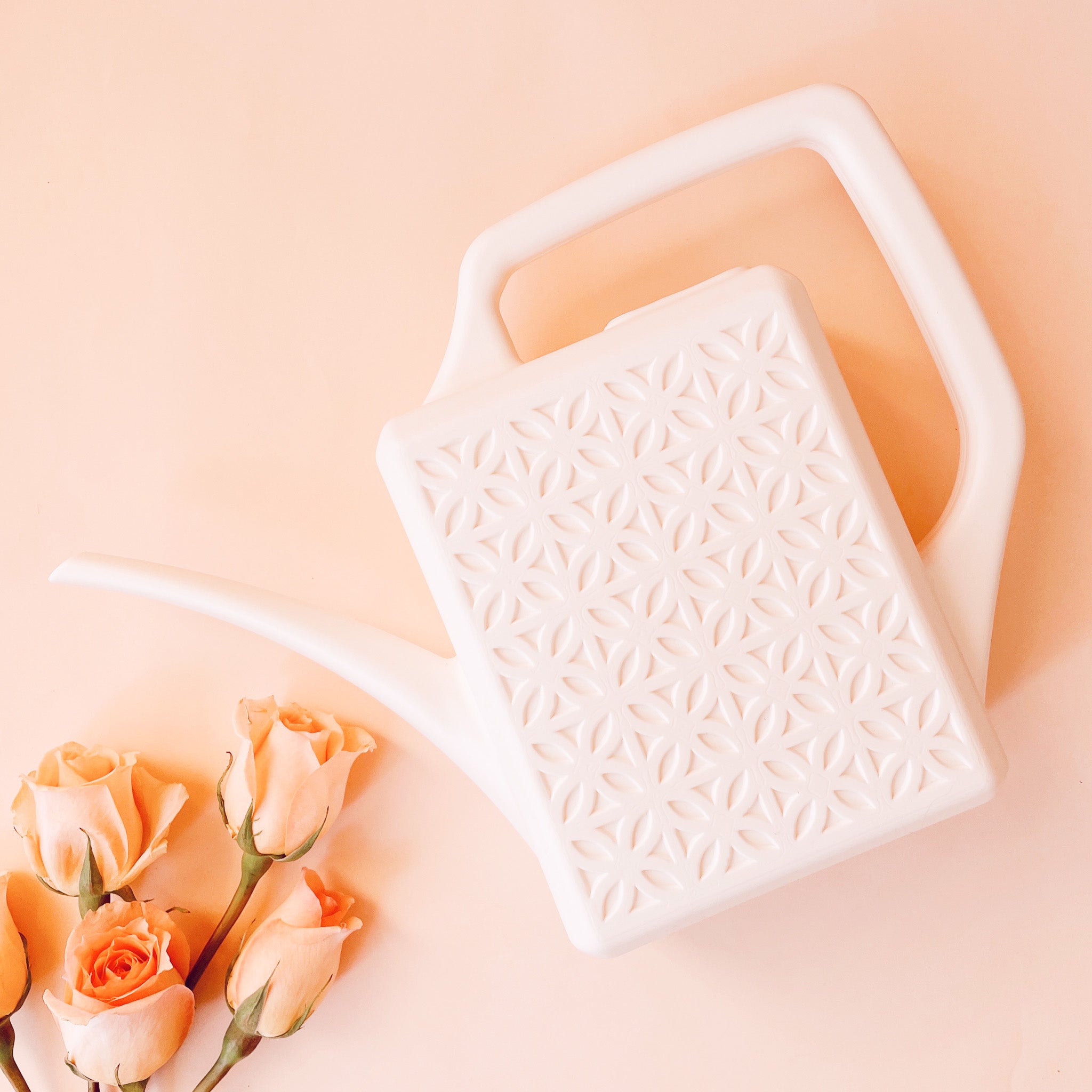 On a peachy background is a white plastic watering can with a long curved spout and a squared off handle along with a breeze block textured design on the sides of the watering can photographed next to peachy colored roses. 