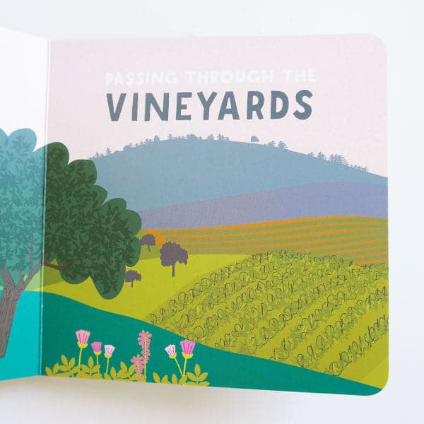 The &quot;All Aboard! California&quot; is open. The page is titled &quot;Passing through the vineyards.&quot; It shows trees and rolling hills of grape vine fields. 