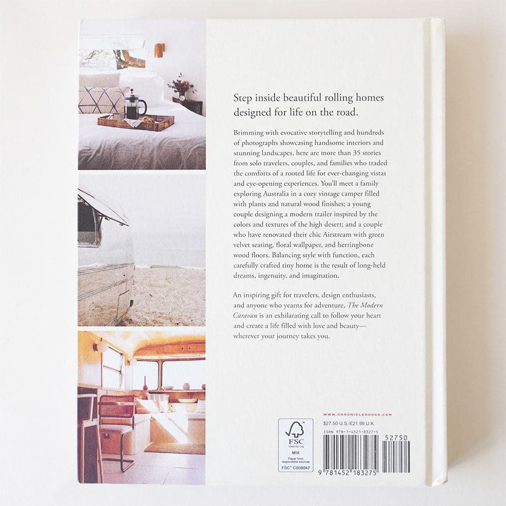 Back of the hardcover book reading &#39;Step inside beautiful rolling homes designed for life on the road&#39; on the right hand side. To the left is three blocks highlighting a bedroom interior, coastal RV exterior and a vibrant space within another RV interior. 