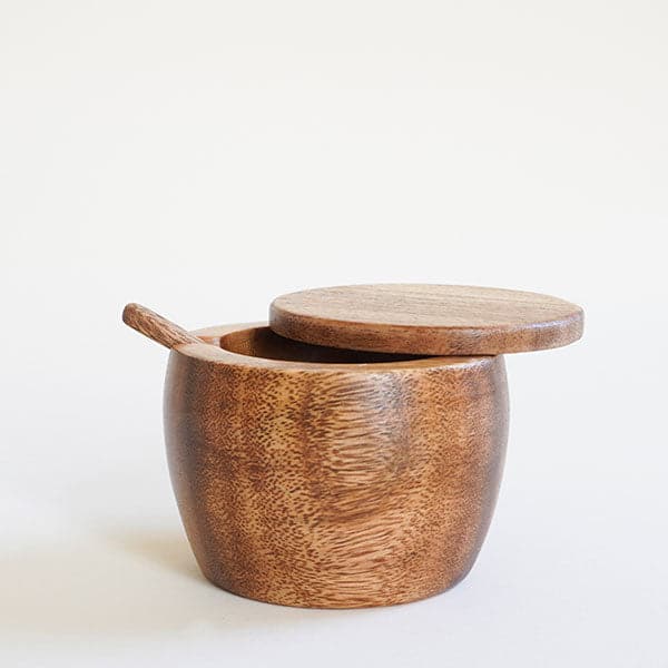 Acacia Wood Jar with lid and spoon.