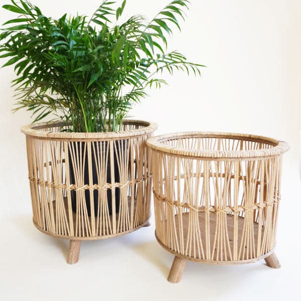 Two bamboo woven baskets with three feet. One is holding a palm plant in a black pot and the other one is empty, it is slightly smaller than the other.