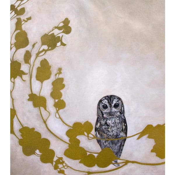 Original painting of silhouetted gold branches and leaves with realistic grey owl sitting on a branch, and beige wash backdrop.
