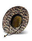 Against a white background is the inside view of a wide brim, straw hat. The brim of the hat is black and brown cheetah print. It has a black drawstring.