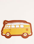 This vinyl sticker has a classic daffodil yellow VW Bug with a surfboard fastened on top, providing that classic beach cruiser vibe. The sticker has tawny brown bubble border.