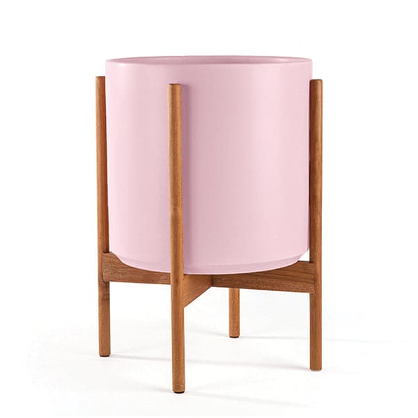 This 5 gallon, cylinder pot is baby pink and sits within four spokes of a light beech wood plant stand, standing about 7 inches from the ground.